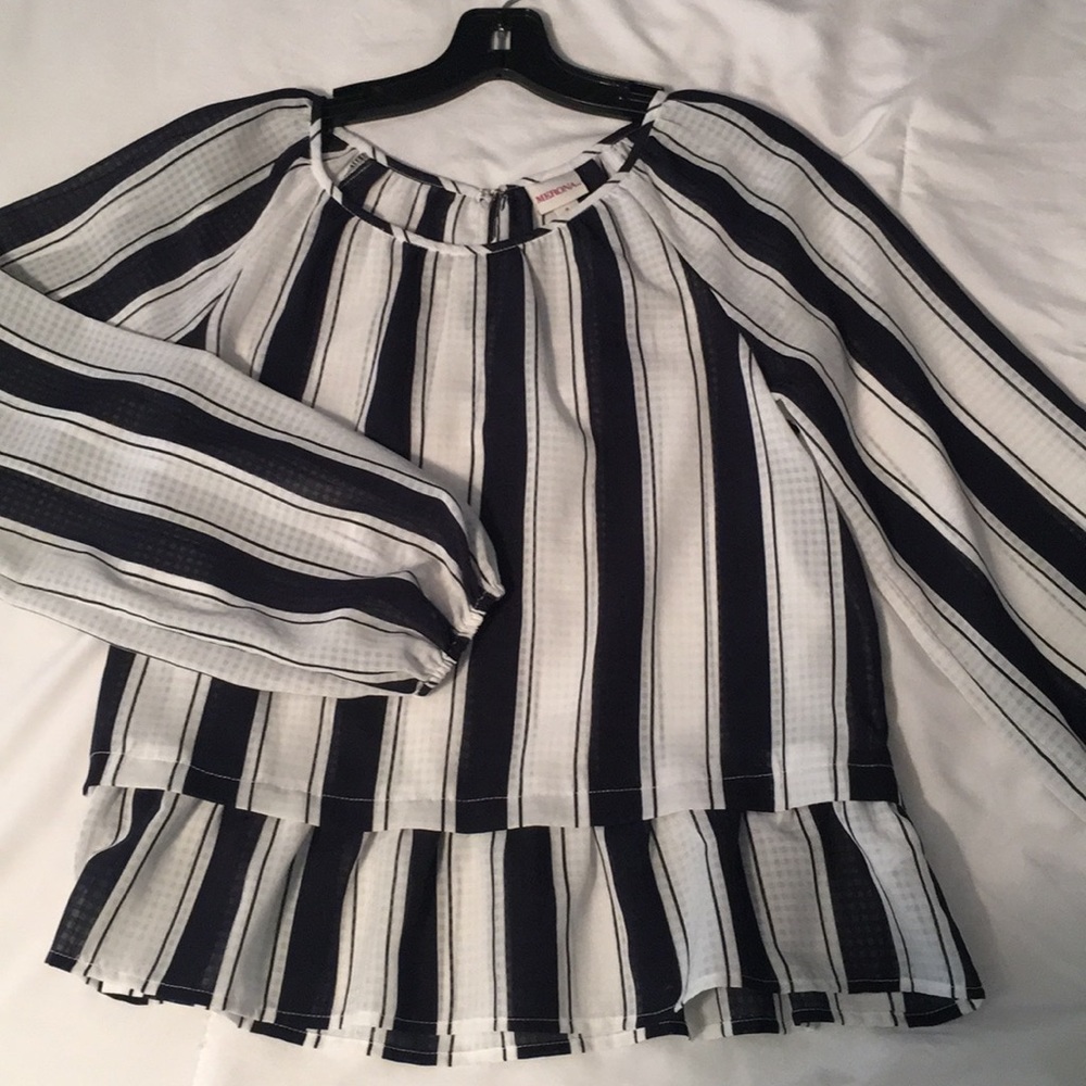 sheer navy and white striped long sleeve blouse.
